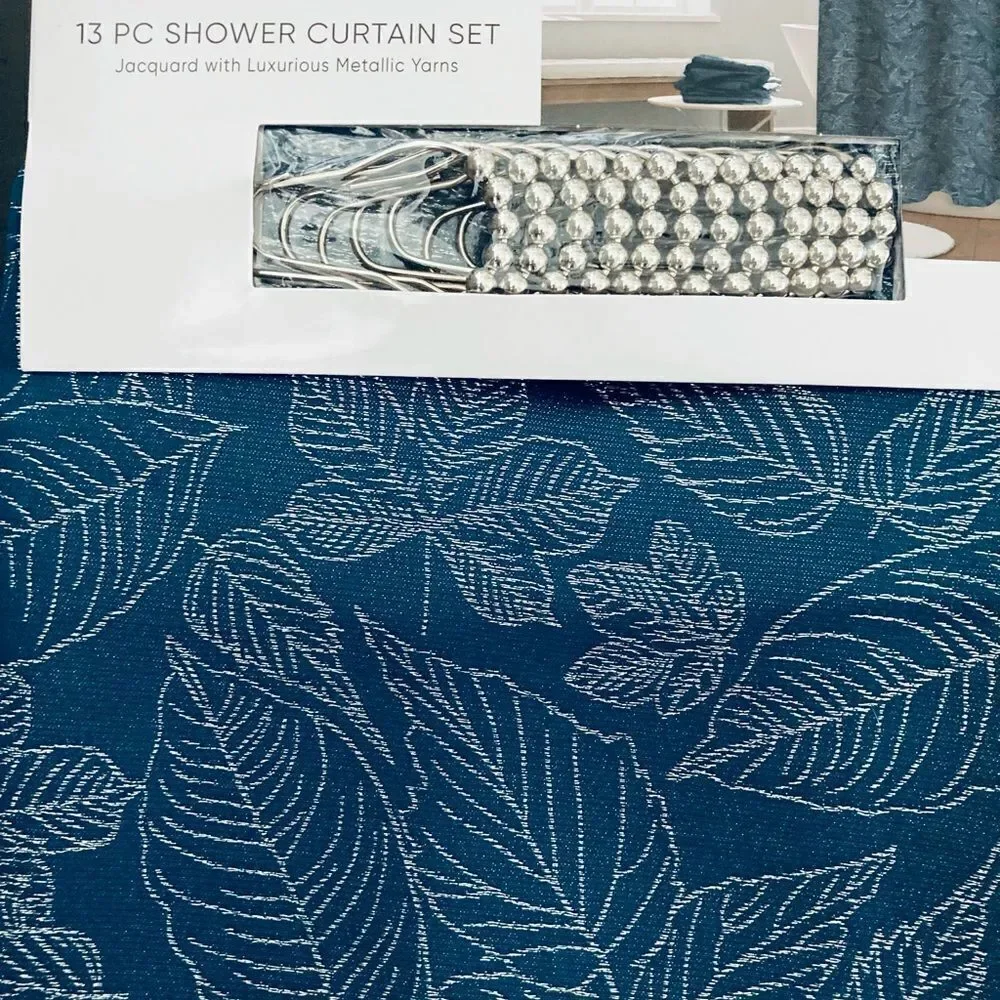 Blue Silver Leaves Heavyweight Complete Fabric Shower Curtain Set